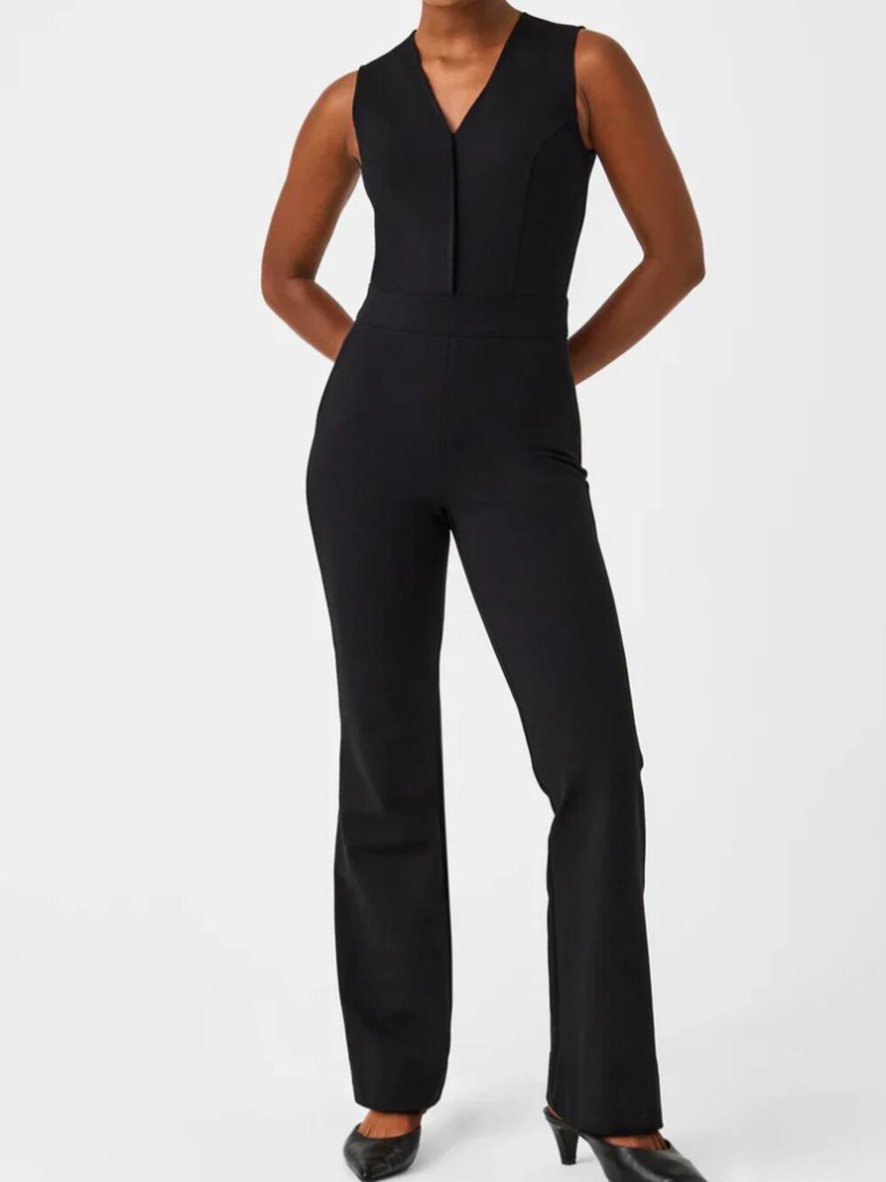 Spanx Women’s Perfect Sleeveless Jumpsuit Ponte Wide Leg V-Neck in Black 2X